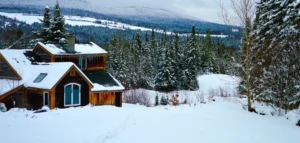 beautiful snow-covered cabin sits on the side of a mountain with a pine forest in the background