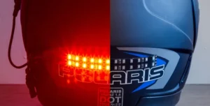an image split in half with both halves showing the same helmet. The left half is int he dark showing the helmet safety light on, while the right half is in the light showing the helmet light off